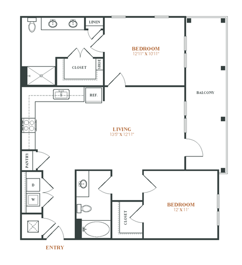 Floor plan for 2 beds, 2 baths, 1094 sqft
